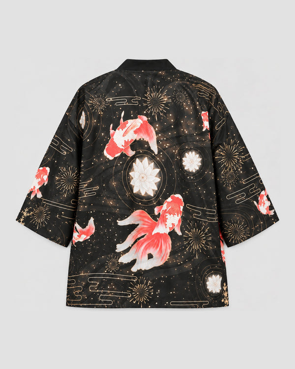 Goldfish and Fireworks Haori Cardigan, back view, product photo