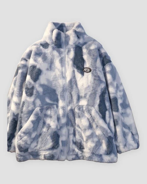 Blue and white tie-dye plush jacket with a stand collar, front zip and two large pockets, laid flat