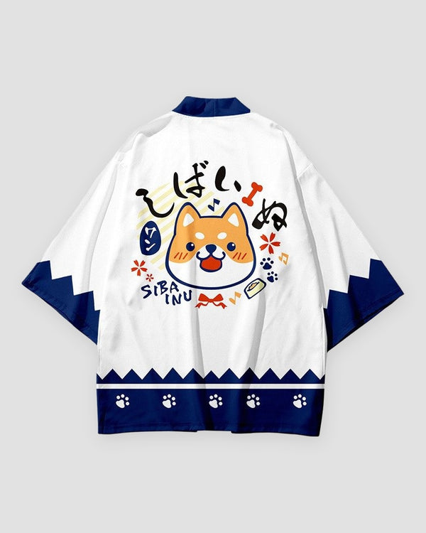 White shiba inu haori, back view with the cartoon shiba face and navy trims