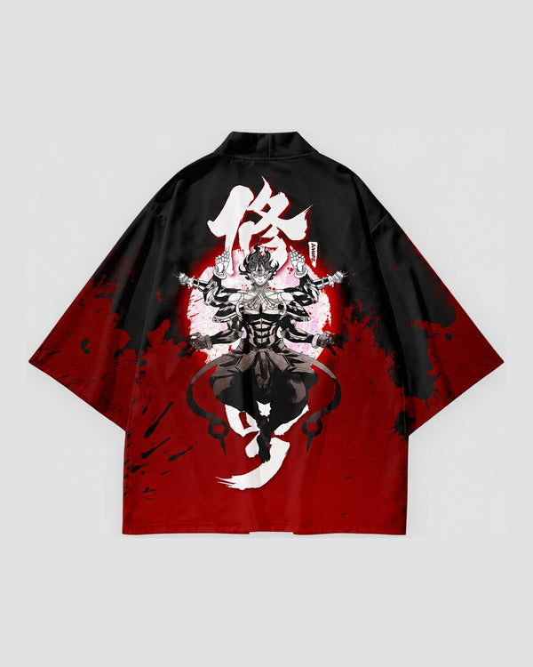 Black haori jacket with red ink splashes shown open at the front and from the back, with a white character and an asura
