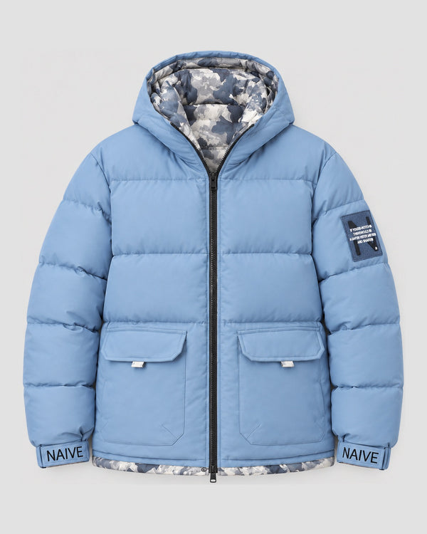 Hooded Puffer Jacket with Camo Lining, front view, product photo