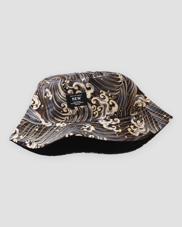 Brown great wave print bucket hat with a black NEW label, three-quarter view