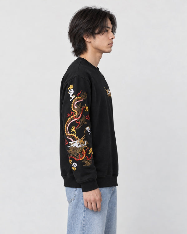 Model wearing the Dragon Sleeve Embroidered Crewneck Sweatshirt, front view