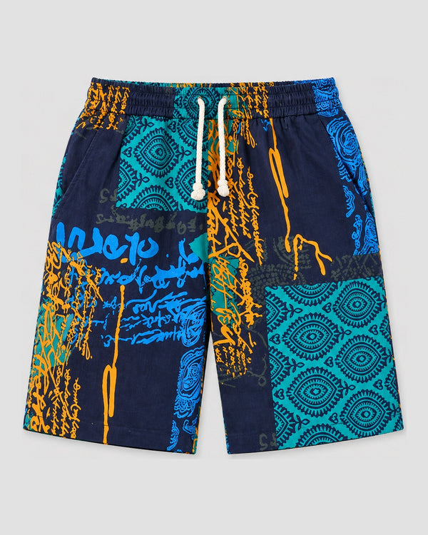 Men's Patchwork Print Knee-Length Shorts with Drawcord, front view, product photo