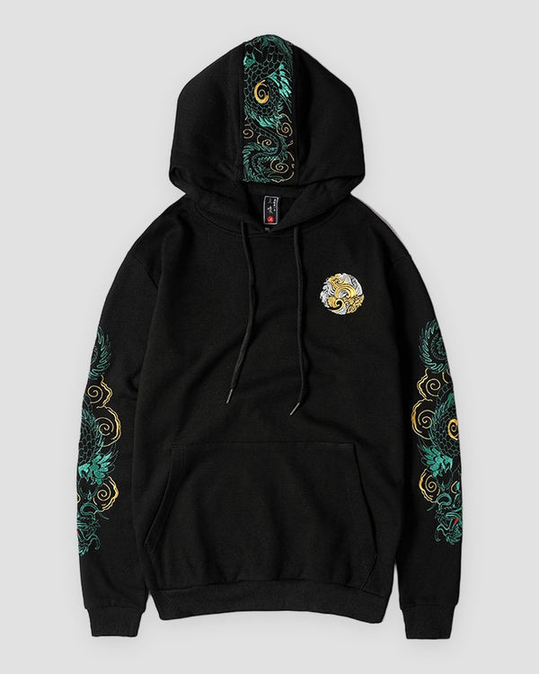 Black dragon sleeve hoodie, front view with the wave emblem and embroidered sleeves
