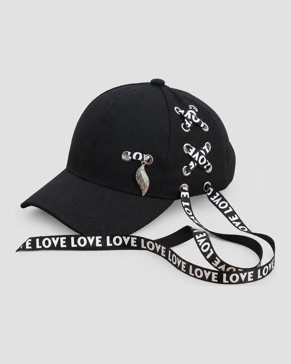 Ribbon-Laced Baseball Cap with Leaf Pendant, front view, product photo