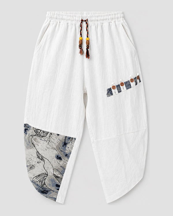 Linen Drop-Crotch Pants with Ink-Wash Hem Panel, front view, product photo