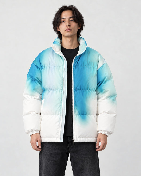Model wearing the Tie-Dye Gradient Puffer Jacket with Stand Collar in green, front view