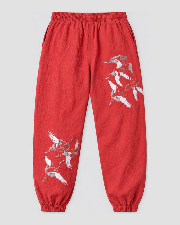 Men's Crane-Embroidered Cotton-Linen Jogger Pants, back view, product photo