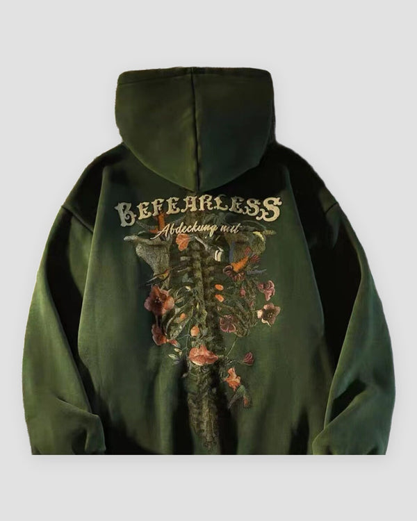 Forest green pullover hoodie with a skeleton and flower print on the back, back view