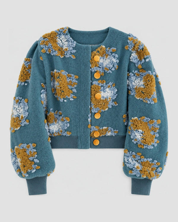 Women's Cropped Flower Jacket with Raised Patches and Gold Buttons, front view, product photo