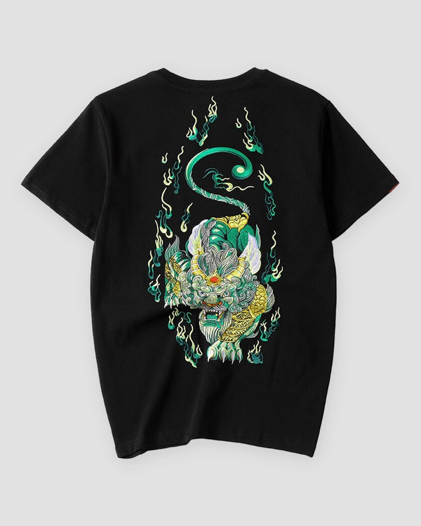 Black T-shirt with a large jade green and gold pixiu embroidered on the back, back view