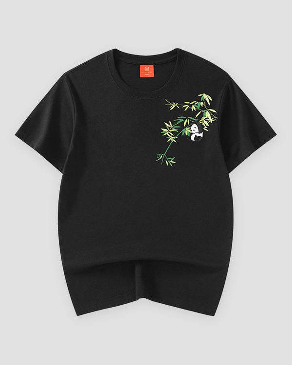 Black cotton T-shirt with a bamboo sprig and a small panda embroidered on the left chest, front view