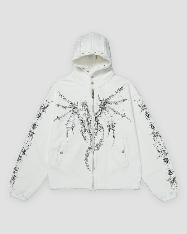 White zip hoodie with a black winged dragon graphic and a studded hood, front view