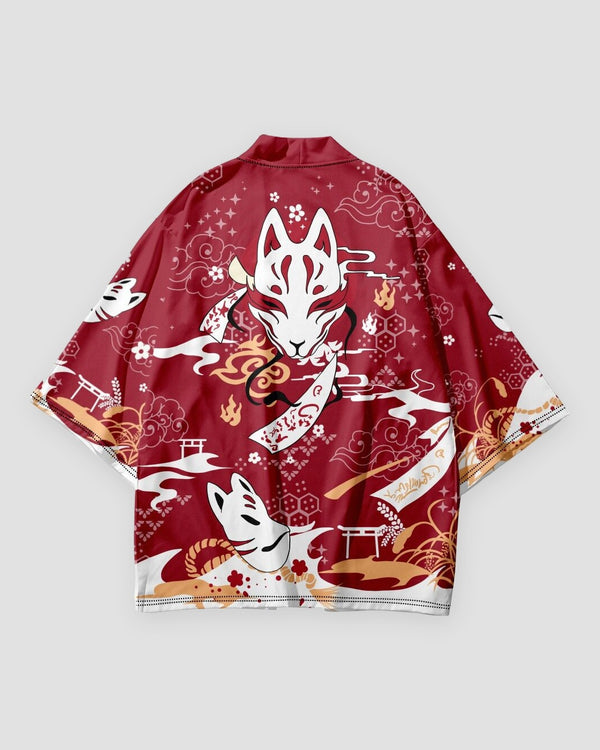 Red fox mask print kimono, back view, white fox mask and cloud ribbons