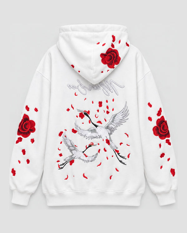 Women's Embroidered Rose and Crane Hoodie, front view, product photo