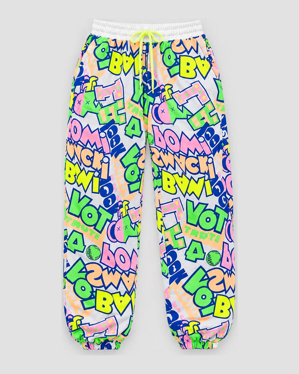 Neon Graffiti Print Jogger Pants, front view, product photo
