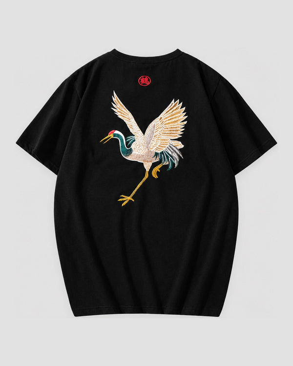 Black T-shirt with a red-crowned crane embroidered across the back, back view