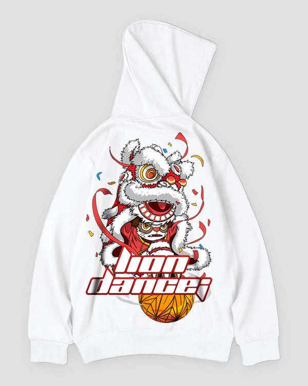 White lion dance print hoodie, back view with the lion head over an orange ball