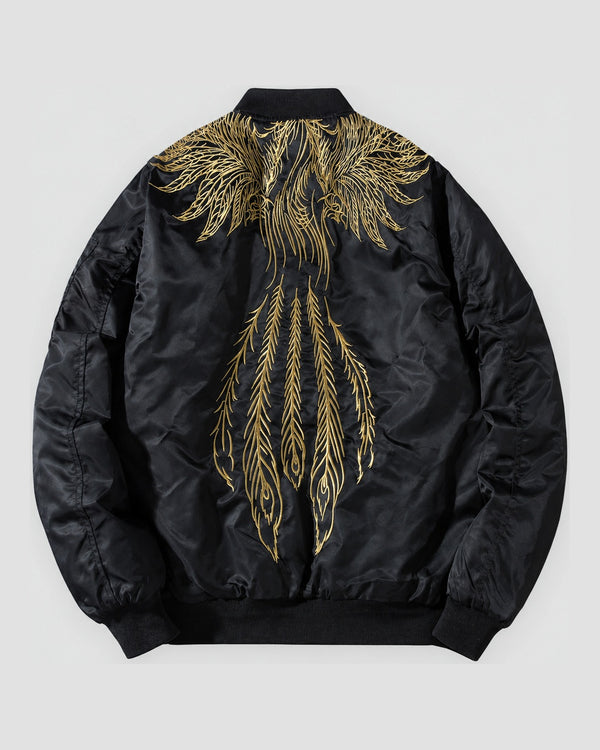 Black bomber jacket with gold thread wings and feathers embroidered on the back, back view
