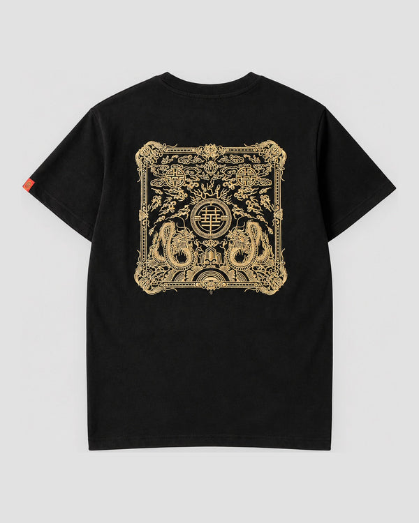 Back of the black tee with a large gold square seal of two dragons embroidered across it