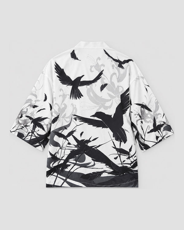 Ink Bird and Spider Lily Haori Cardigan, back view, product photo