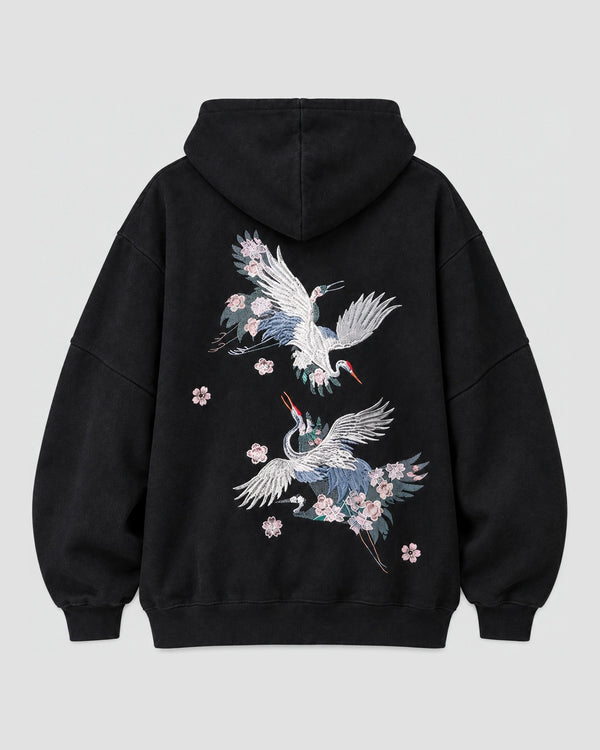 Two Cranes Embroidered Pullover Hoodie, back view, product photo
