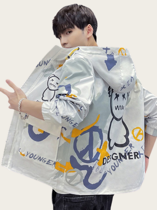 Person wearing a transparent raincoat with colorful designs and text on a white background