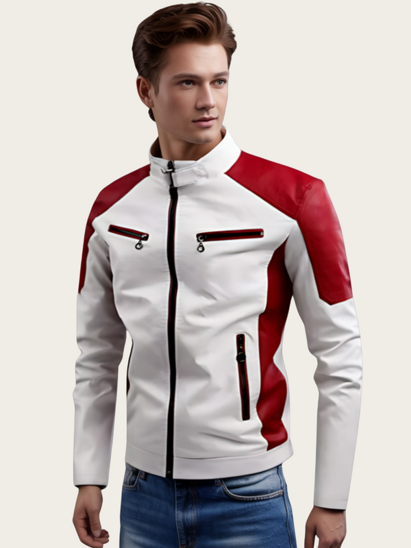 Man wearing a white and red jacket on a light beige background