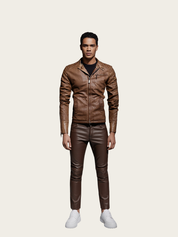 Man wearing a brown leather jacket and pants on a light beige background