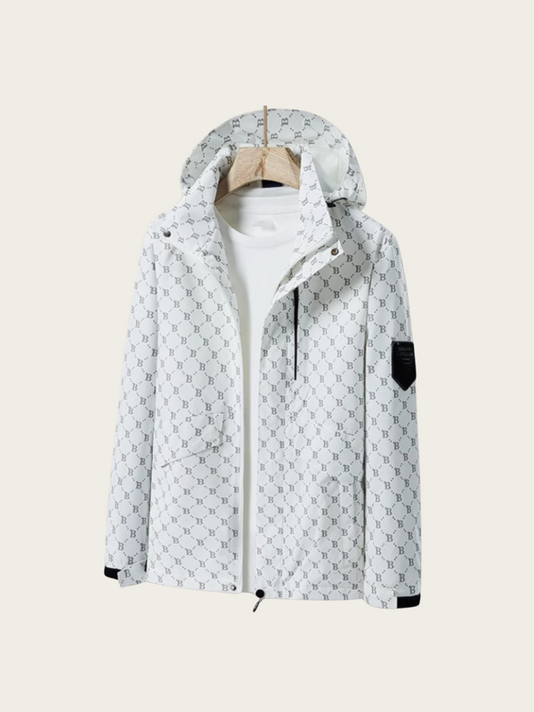 White patterned jacket on a mannequin against a white background