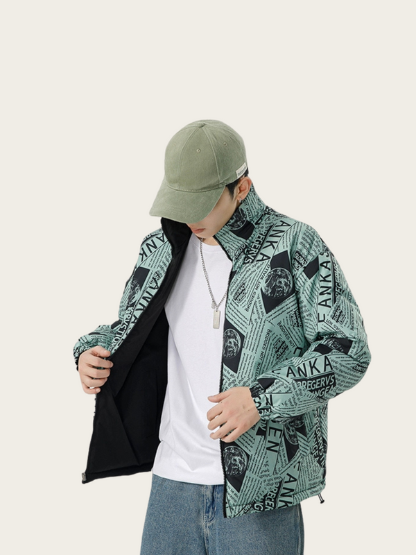 Person wearing a green patterned jacket with a plain background