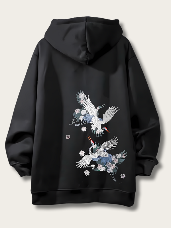 Embroidered Elegant Wind Crane Japanese Hoodie - Medium
