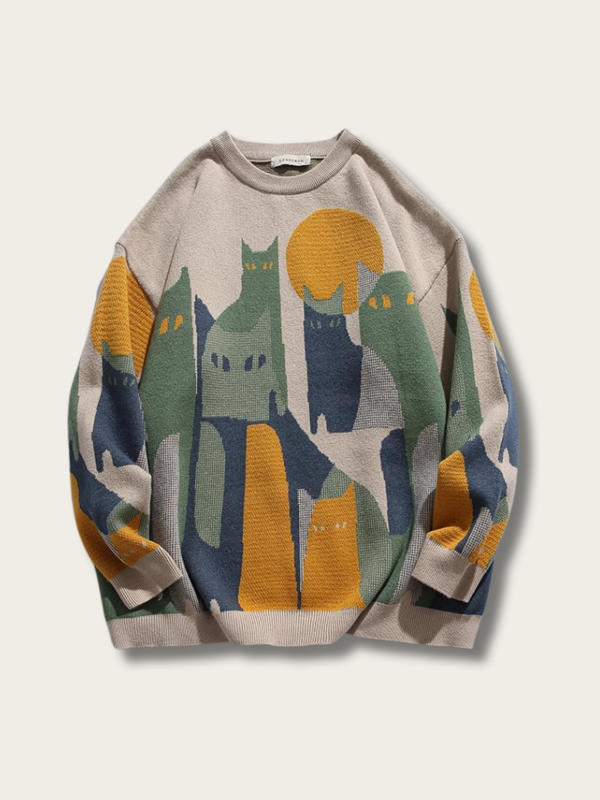 Cat Night Silhouette Knit Sweater - black:Black