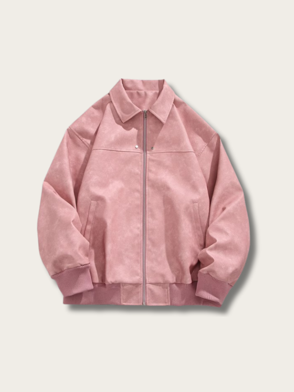Vintage Luxe Suede Bomber Jacket - #ffc0cb:Pink