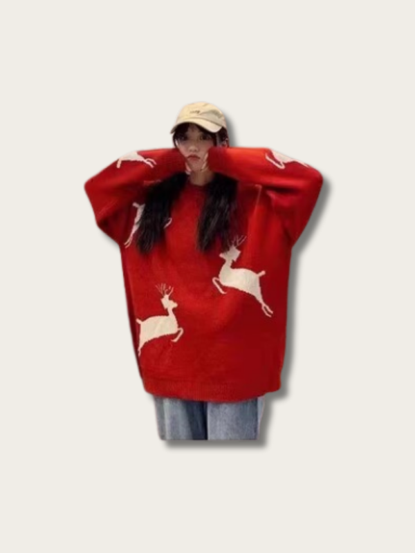 Reindeer Christmas Japanese Sweater - Red