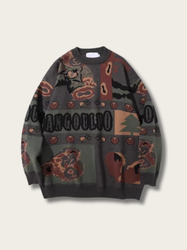 Retro Teddy Adventure Knit Sweater - black:Black