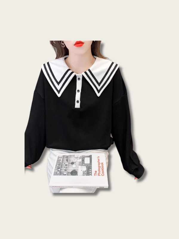 Classic Sailor Button-Up Sweatshirt - black:Black