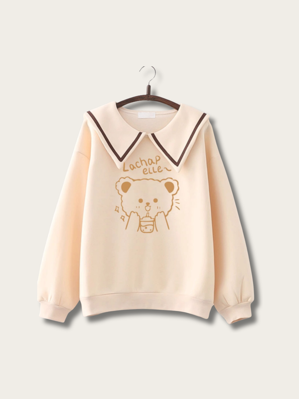 Bear Charm Sailor Sweatshirt - #fffdd0:Cream