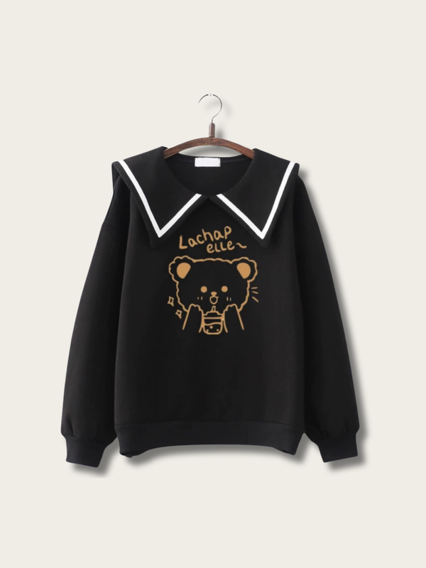 Bear Charm Sailor Sweatshirt - #fffdd0:Cream