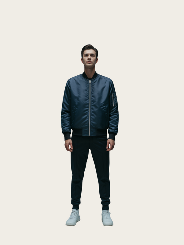 Person wearing a dark blue bomber jacket and black pants on a light beige background