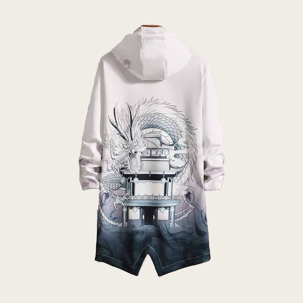 White hoodie with dragon and temple design on a stone wall background