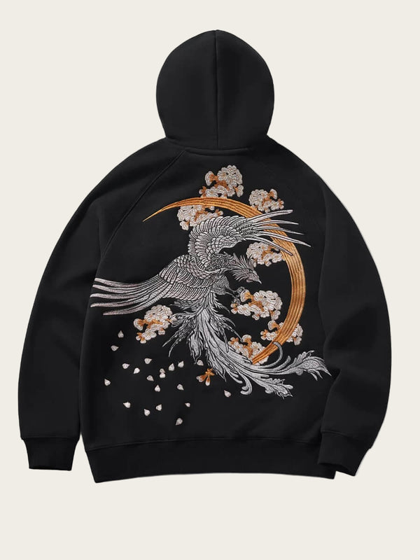 Black hoodie with a phoenix and floral design on the back against a white background