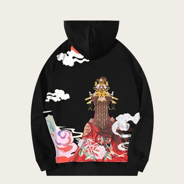 Black hoodie with colorful graphic design on a white background