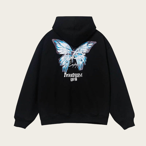Black hoodie with a blue butterfly design on the back with an embroidered signature.