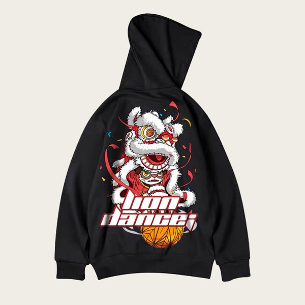 Black hoodie with a lion dance design on the back, featuring a Chinese lion and ball.