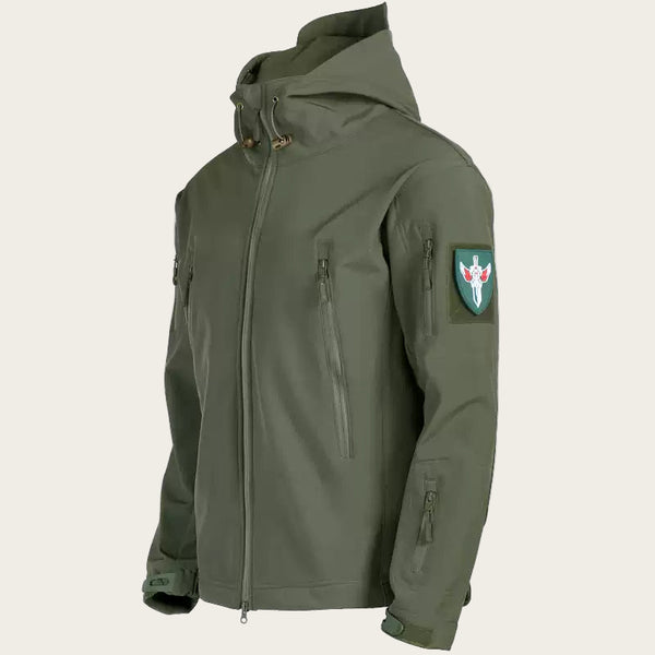 Green jacket with a patch on a white background