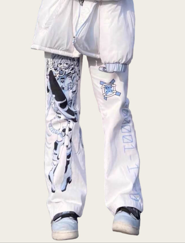 Person wearing a white tracksuit with artistic designs