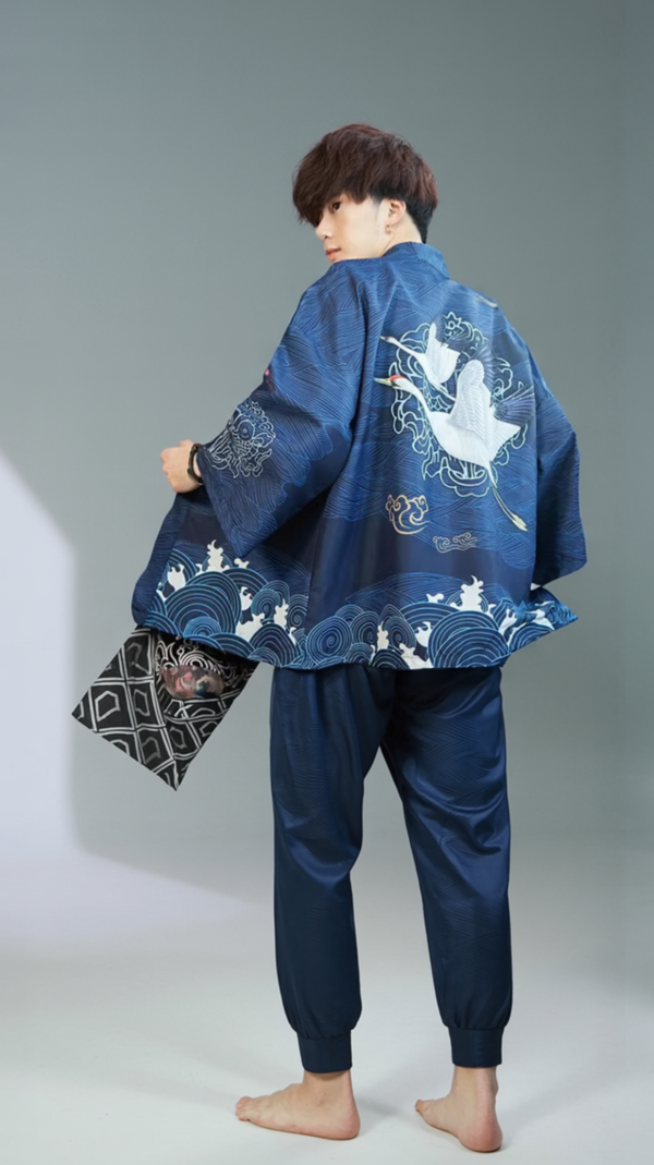 Crane & Waves Elegant Kimono – Crane Symbol Design