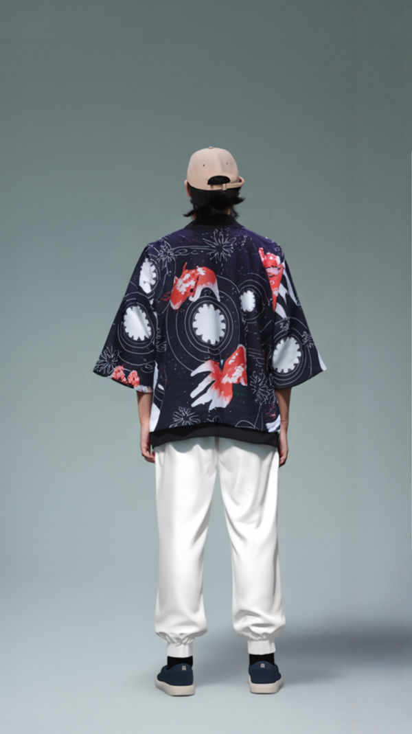 Koi & Fireworks Night-Sky Kimono – Open Drape